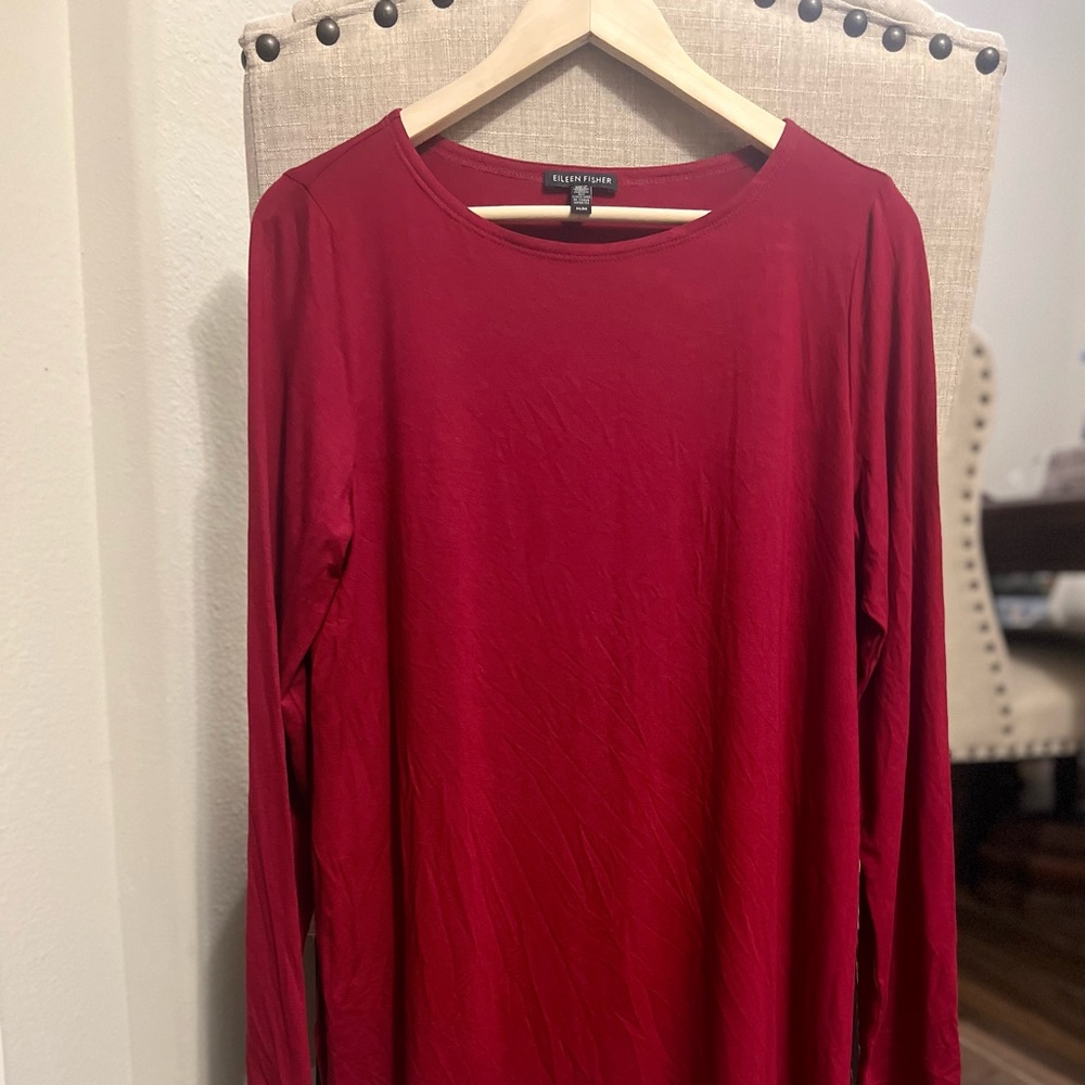 Eileen Fisher Viscose Pop of Red Long Top Classiccore Elevated Basics Medium